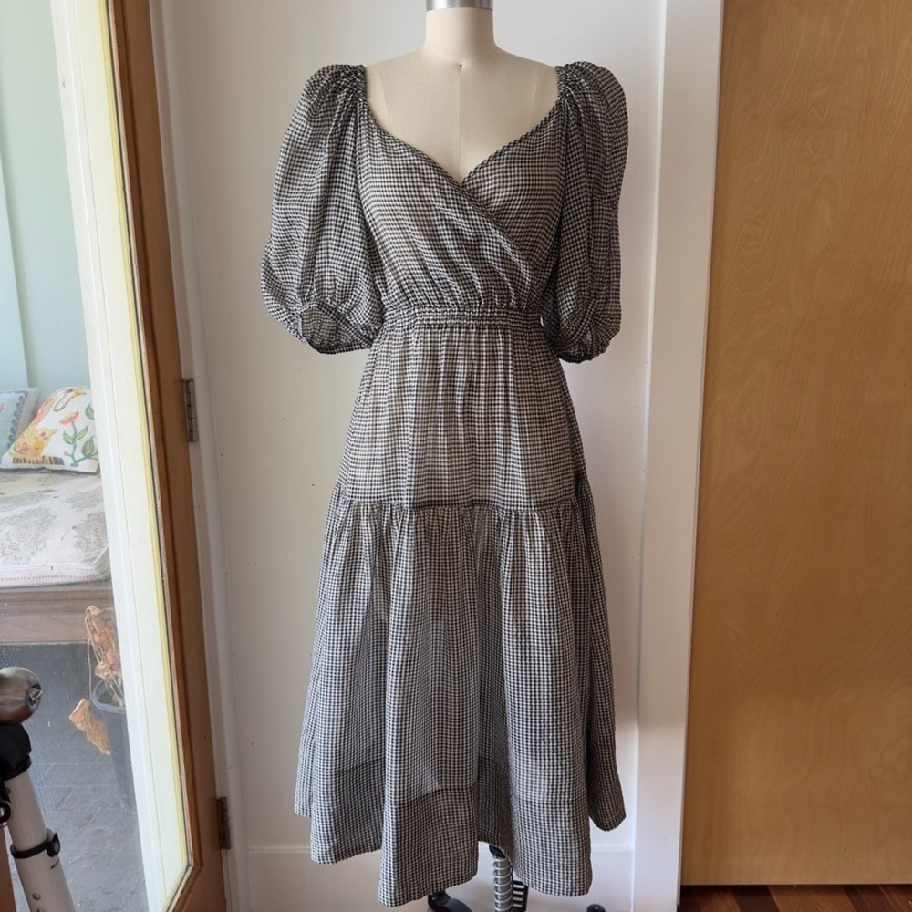 Shaina Mote Gilot Linen Blend Midi Dress-Black/White‎ Gingham-Sz Small-RRP $480